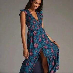 Anthropologie Teal and Pink Midi Dress